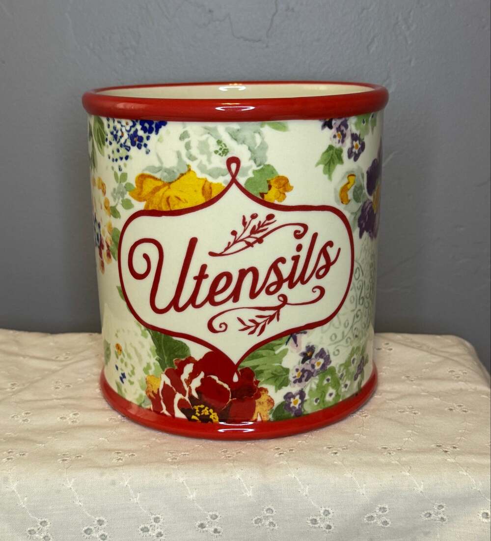 The Pioneer Woman Country Garden Utensil Crock Floral Stoneware 7 in tall 6.5 w